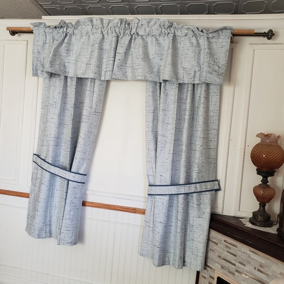 Sears Drapes 48W x 62L Tweed Print Pinch Pleat Curtains Blue VTG 50s 60s NEW - Picture 3 of 16